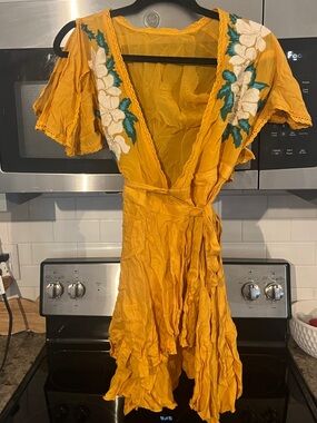 Cleobella Mustard Yellow Floral Embroidered Wrap Dress xs